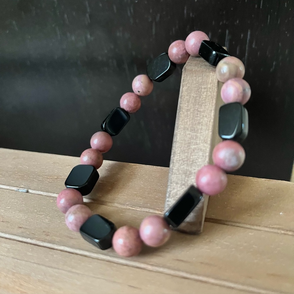 Rhodonite With Obsidian Natural Stone Crystal Stretch Beaded Bracelet